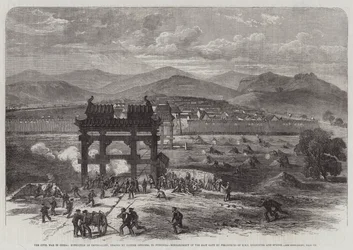 Inbördeskriget i Kina, expedition av imperialister, ledda av brittiska officerare, till Fungwha, bombning av den östra porten med fältdelar från HMS Encounter och Sphinx